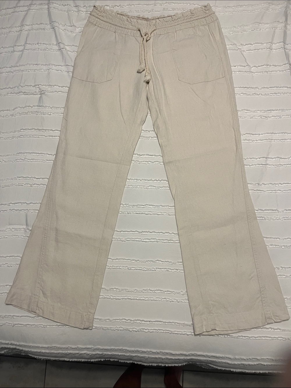 Roxy Cream Elastic Waist Linen Wide-Leg Pants